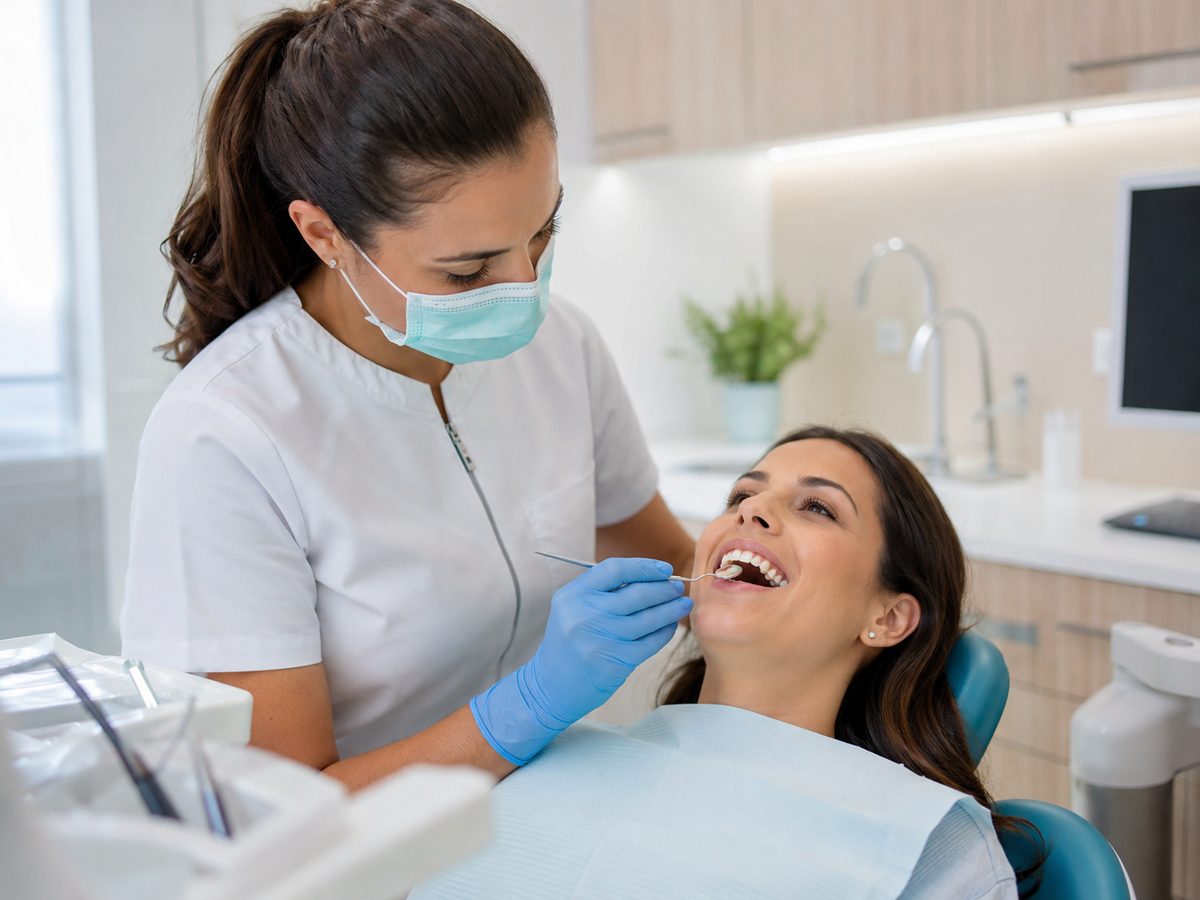 Dental hygienist performing a professional teeth cleaning for a smiling patient in NYC